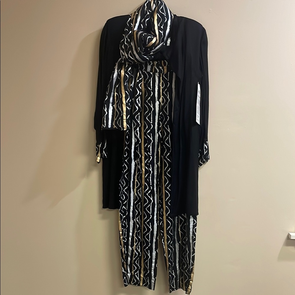 Ashro Four Piece Black, Gold, and Silver Pantsuit with Scarf and Duster NWT